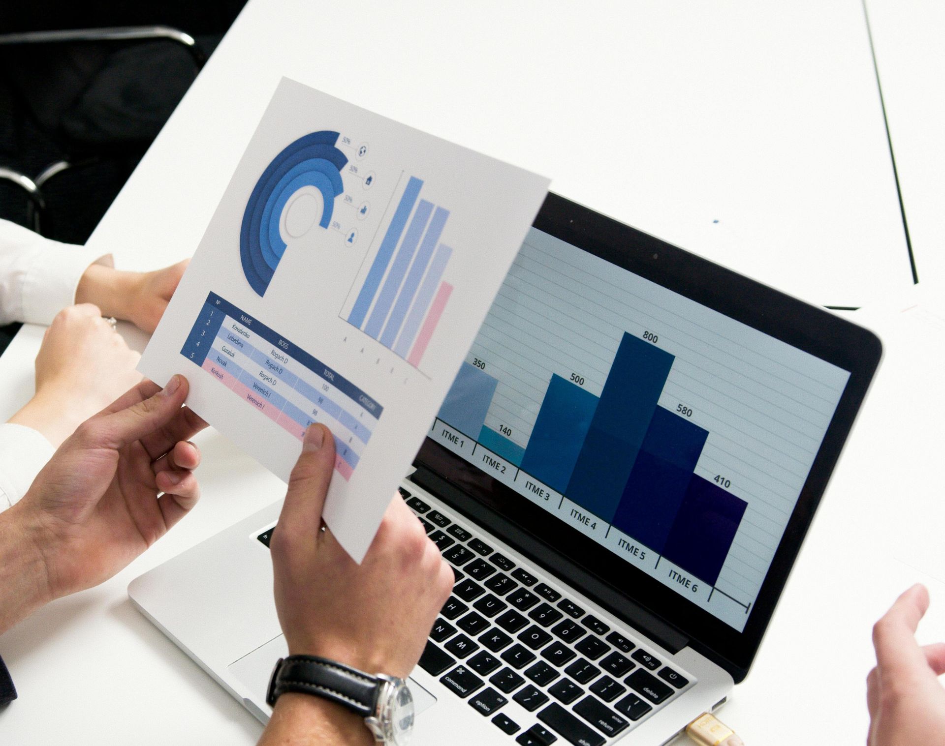 Business professionals discussing data charts and graphs in a modern office setting.